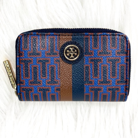 Tory Burch Blue Tan Leather T Logo Print Mini Key Card Wallet - Picture 2 of 7